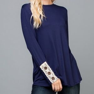 Navy Lace Button-Accent Long-Sleeve Top - XL